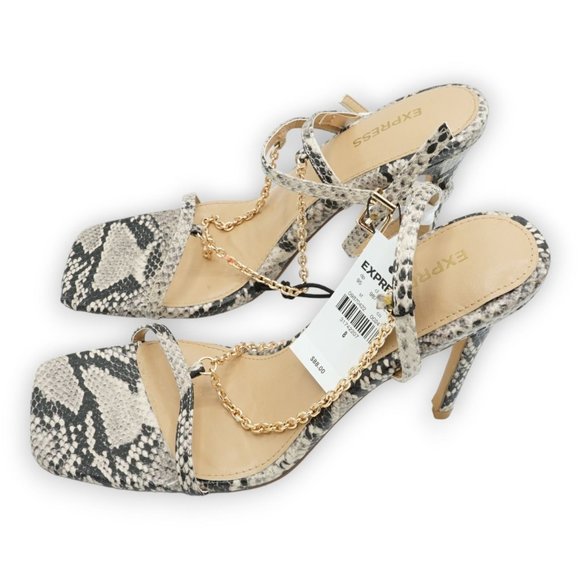 NWT $88 Express Faux‎ Snake Skin Heels Straps Wrap Around Ankle Cream Black Sz 8 - Picture 1 of 10